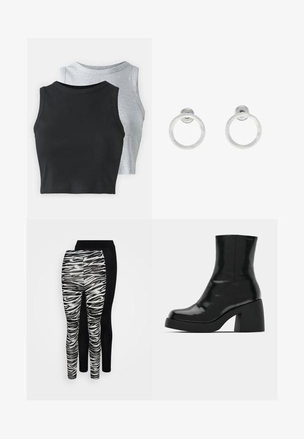 Even&Odd Petite 2 PACK - Tops - light grey/black; Divi legingi: vieni ar melnbaltu zebras svītru rakstu un otrie vienkrāsaini melni. Mīksta, elastīga auduma, pieguļoša izstrādājuma.; Melnas potītes zābaku ar spīdīgu apdari, kvadrātveida pirkstu un biezu bloku papēdi. Dizainā ir bezšuvju siluets un minimāla zīmola identitāte.; Sudraba metāla gredzenveida auskari ar matētu faktūru, ar apaļu dizainu un caurspīdīgu aizdari, lai nodrošinātu drošu valkāšanu.