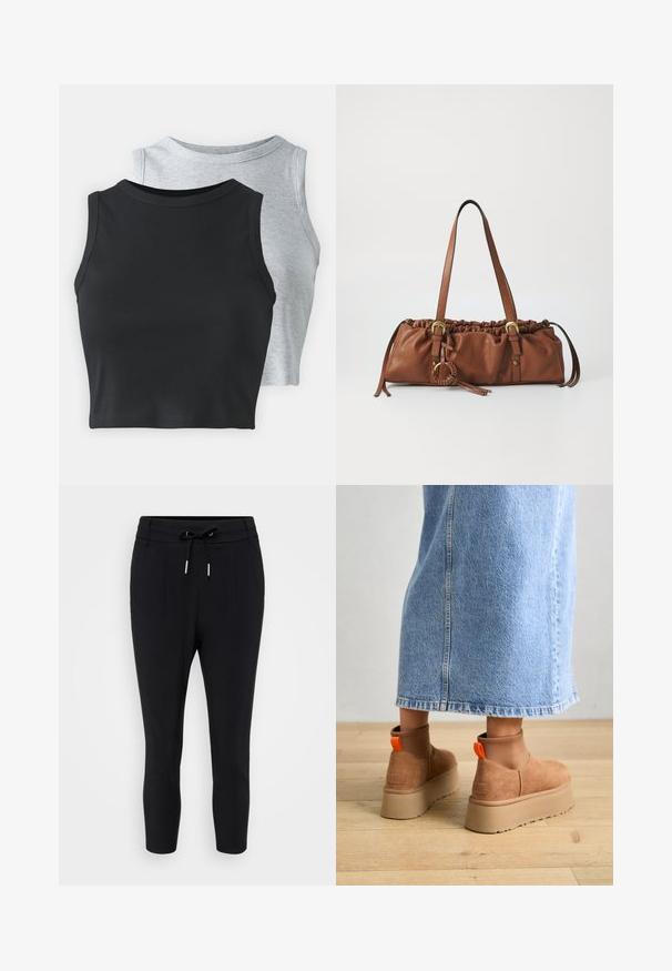 Even&Odd Petite 2 PACK - Top - light grey/black; Črne hlače do meč iz mehkega blaga, z elastičnim pasom in vrvico ter dvema sprednjima gubama za poudarek.; Rjave suede platform čizme z elastičnimi stranskimi paneli in oranžnimi zankami, v kombinaciji s svetlobno denim krilom do kolen na lesenem tleh.; Rjava usnjena torbica z nabranim vrhom, nastavljivimi trakovi in kovinskimi detajli. Ima okroglo pleteno okrasitev na strani.; Srebrna obročasta uhana s polirano površino, ki vključuje majhne zlate poudarke in okroglo obliko, nošena na ušesnem lobu.