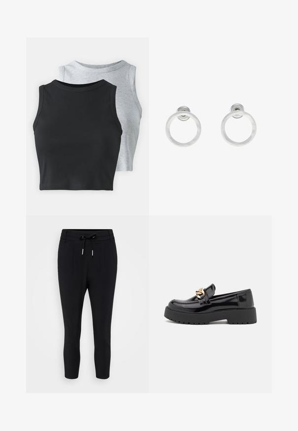 Even&Odd Petite 2 PACK - Tops - light grey/black; Melnas bikses līdz puskrūtīm, izgatavotas no mīksta auduma, ar gumiju viduklī un auklu, kā arī divām priekšējām krokām dekoratīvai detaļai.; Melni lakoti mokasīni ar masīvu melnu zoli un zelta aksesuāriem. Gluda tekstūra un noapaļota purngala dizains.; Sudraba metāla gredzenveida auskari ar matētu faktūru, ar apaļu dizainu un caurspīdīgu aizdari, lai nodrošinātu drošu valkāšanu.