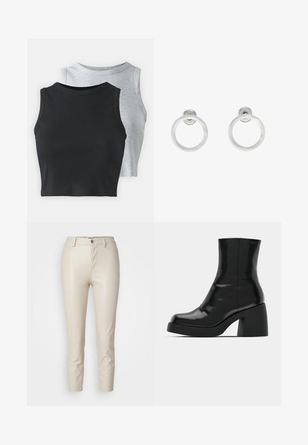 Even&Odd Petite 2 PACK - Top - light grey/black; Bež hlače od umjetne kože uskog kroja, s prednjim džepovima i zatvaračem na gumb, s glatkom teksturom i suženim nogavicama.; Crne gležnjače s sjajnom površinom, četvrtastim vrhom i debelim blok petama. Dizajn ima besprijekornu siluetu i minimalno brendiranje.; Srebrne metalne naušnice u obliku prstena s brušenom teksturom, s kružnim dizajnom i prozirnom vrstom kopče za sigurno nošenje.