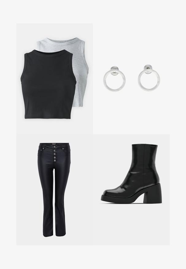 Even&Odd Petite 2 PACK - Tops - light grey/black; Melni izplūduši džinsi ar elegantu dizainu, izgatavoti no gludas auduma. Iekļauj piecus sudraba pogu aizdare un kabatas priekšpusē.; Melnas potītes zābaku ar spīdīgu apdari, kvadrātveida pirkstu un biezu bloku papēdi. Dizainā ir bezšuvju siluets un minimāla zīmola identitāte.; Sudraba metāla gredzenveida auskari ar matētu faktūru, ar apaļu dizainu un caurspīdīgu aizdari, lai nodrošinātu drošu valkāšanu.