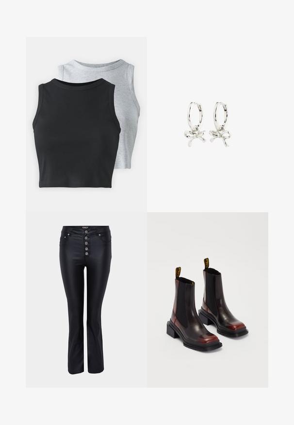 Even&Odd Petite 2 PACK - Top - light grey/black; Črne flare kavbojke z elegantnim dizajnom, izdelane iz gladkega materiala. Imajo pet srebrnih gumbov in sprednje žepi.; Dr. Martens MAYBOLE CHELSEA - Gležnjarji s platformo - black/cherry red; Srebrni uhani v obliki obroča z obliko pentlje, z gladko površino in poliranim teksturo. Kompaktna, minimalistična zasnova primerna za različne priložnosti.