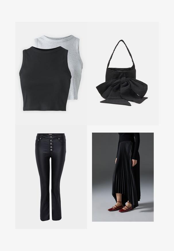 Even&Odd Petite 2 PACK - Felső - light grey/black; Fekete, trapézszárú farmernadrág, letisztult dizájnnal, sima anyagból készült. Öt ezüst gombbal záródik és elöl zsebek találhatók.; Fekete redős szoknya, magas- és alacsony szegéllyel, fényes piros lapos cipőkkel párosítva, amelyek pántos dizájnnal rendelkeznek. Az anyaga sima tapintású.; Fekete szövet kézitáska, amelyet megkötött masni díszít, kerek formájú, texturált felülete apró mintákkal, és egyetlen, vékony fogantyúval rendelkezik.