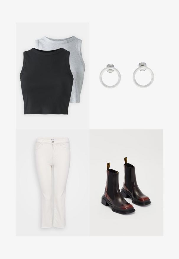 Even&Odd Petite 2 PACK - Top - light grey/black; Bijele pamučne traperice sa ravnim krojem, koje imaju zip zatvarač, pet džepova i dugme za zatvaranje u struku.; Dr. Martens MAYBOLE CHELSEA - Gležnjače s platformom - black/cherry red; Srebrne metalne naušnice u obliku prstena s brušenom teksturom, s kružnim dizajnom i prozirnom vrstom kopče za sigurno nošenje.