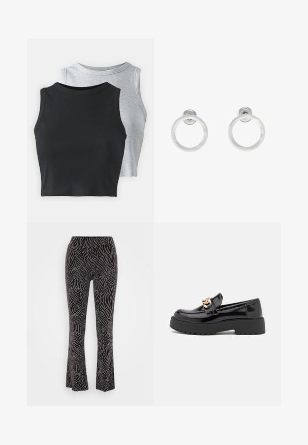 Even&Odd Petite 2 PACK - Top - light grey/black; Črne široke hlače z zebričastim vzorcem, ki imajo mehak otip in elastičen pas za udobje.; Črni lakirani usnjeni loafers s debelim črnim podplatom in zlato kovinsko opremo. Gladka tekstura in zasnova zaokroženega nosu.; Srebrni kovinski obročasti uhani z brušenjem, s krožno obliko in prozornim zatičem za varno nošenje.