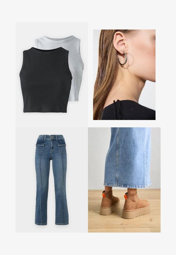 Even&Odd Petite 2 PACK - Top - light grey/black; ONLY Petite ONLWAUW MID WAIST FLARED - Calças de ganga à boca de sino - medium blue denim; Botas plataforma em camurça castanha com painéis laterais elásticos e puxadores laranja, combinadas com uma saia de ganga clara até ao joelho, em um chão de madeira.; Brinco de argola prateada com acabamento polido, apresentando pequenos detalhes em dourado e uma forma redonda, usado na orelha.
