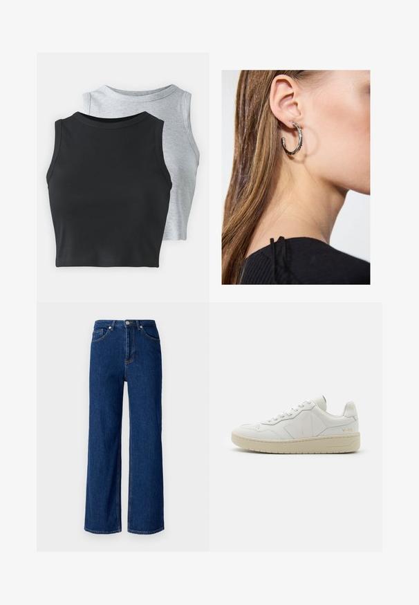 Even&Odd Petite 2 PACK - Topper - light grey/black; Videben bukser i mørkeblå denim med klassisk fem-lomme design, diskret syning og metalknaplukning i taljen.; Hvite lær sneakers med perforert tåboks, kontrasterende beige gummisåle og logo detaljer på siden og hælen. Minimalistisk design.; Sølv ringøredob med en polert finish, med små gull detaljer og en rund form, båret på øreflippen.