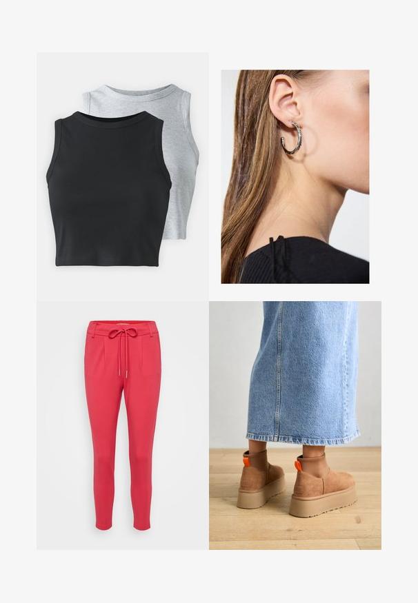 Even&Odd Petite 2 PACK - Felső - light grey/black; ONLY Petite ONLPOPTRASH LIFE EASY - Nadrágok - viva magenta; Barna velúr platform csizmák elasztikus oldalsó panelekkel és narancssárga húzófülekkel, amelyek egy térdközépig érő világoskék farmer szoknyával vannak párosítva egy fás padlón.; Ez egy ezüst fülbevaló, sima felülettel, amelyen apró arany díszítőelemek találhatók. Kerek formájú és a fülcimpán viselik.