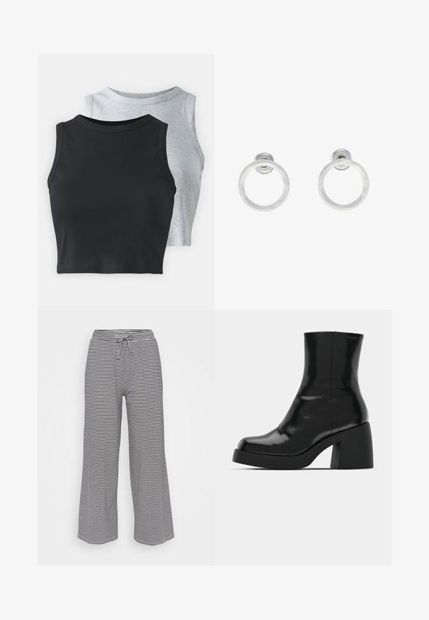 Even&Odd Petite 2 PACK - Top - light grey/black; Hlače širokih nogavic iz mehkega materiala z vodoravnimi črnimi in belimi črtami, s prožno pasom in vrvico za prilagodljivo prileganje.; Črne gležnjarje z sijajno površino, kvadratnim nosom in debelim blokskim peto. Oblikovanje izstopa s brezšivno silhueto in minimalnim logotipiranjem.; Srebrni kovinski obročasti uhani z brušenjem, s krožno obliko in prozornim zatičem za varno nošenje.