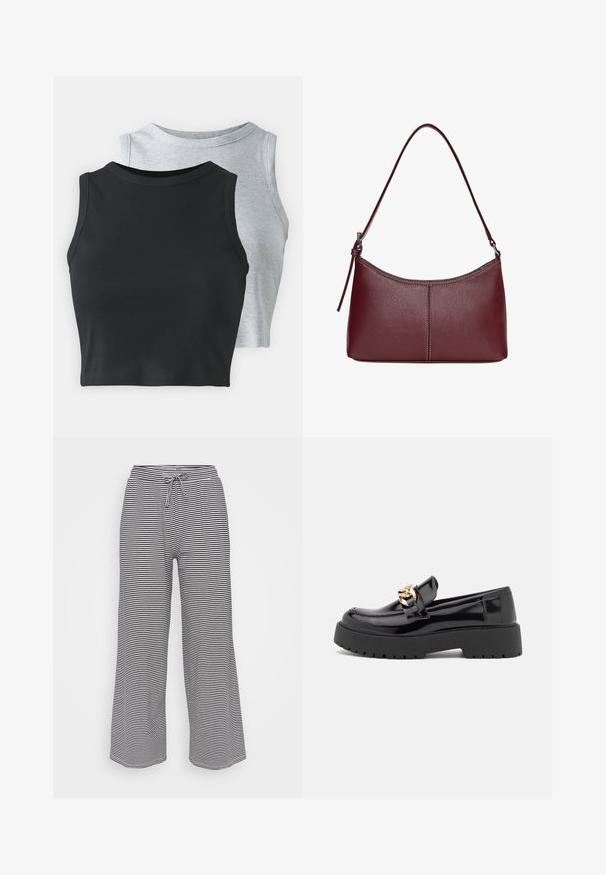 Even&Odd Petite 2 PACK - Top - light grey/black; Hlače širokog kroja izrađene od mekanog materijala, s horizontalnim crnim i bijelim prugama, s elastičnom stražnjom stranom i vezicom za prilagodljivu veličinu.; Crne lakirane kožne mokasine sa debelim crnim potplatom i detaljima od zlata. Glatka tekstura i dizajn okruglog vrha.; Bordo kožna torba s zakrivljenim oblikom, jednim remenom za rame i šivenim detaljima na sredini. Glatka tekstura, minimalni dodaci.