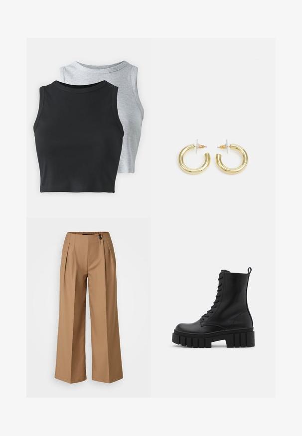 Even&Odd Petite 2 PACK - Topp - light grey/black; Pruunid laiad püksid voldikutega, millel on sile tekstuur, kaks esimest taskut ja kaks dekoratiivnuppu vööl.; Must mustaanklid mustast nahast, paksu ja soonilise tallaga, sidumisena esiotsaga ja tõmbevahega, suvalisel valgel taustal.; Kuldne rõngassõrmused sileda ja läikiva viimistlusega. Ringikujuline disain, millel on väike post ja selge tagumine külg, et tagada kindel kandmine.