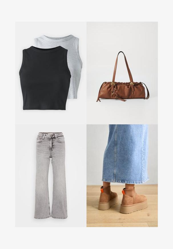Even&Odd Petite 2 PACK - Top - light grey/black; Gray wide-leg jeans made of denim, featuring a classic five-pocket design, button closure, and subtle fading for texture.; Brown suede platform boots with elastic side panels and orange pull tabs, paired with a knee-length light denim skirt on a wooden floor.; Brown leather handbag with gathered top, adjustable straps, and metal accents. Features a round braided detail on the side.; Silver hoop earring with a polished finish, featuring small gold accent details and a round shape, worn on the lobe.