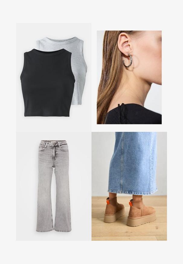 Even&Odd Petite - Top; Szare dżinsy szerokie, wykonane z denimu, z klasycznym pięciokieszeniowym wzorem, zapięciem na guzik i delikatnym przetarciem dla uzyskania tekstury.; Brązowe zamszowe buty na platformie z elastycznymi bokami i pomarańczowymi uchwytami, w połączeniu z jasnoniebieską spódnicą do kolan na drewnianej podłodze.; Srebrny kolczyk w kształcie koła z polerowanym wykończeniem, z małymi złotymi akcentami, noszony na płatku ucha.