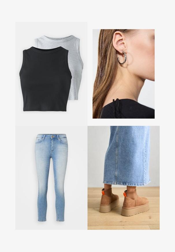 Even&Odd Petite 2 PACK - Tops - light grey/black; Gaiši zili, šauri džinsi ar priekšējo pogu un rāvējslēdzēju, piecām kabatām un vieglu izgaismojumu uz gurniem un ceļgaliem.; Brūni zamšādas platforma zābaki ar elastīgiem sānu paneļiem un oranžām cilpām, apvienoti ar līdz ceļgaliem garu gaišā denima svārku uz koka grīdas.; Sudraba auskars ar pulētu apdari, ar maziem zelta akcentiem un apaļu formu, uz ausu ļipiņas.