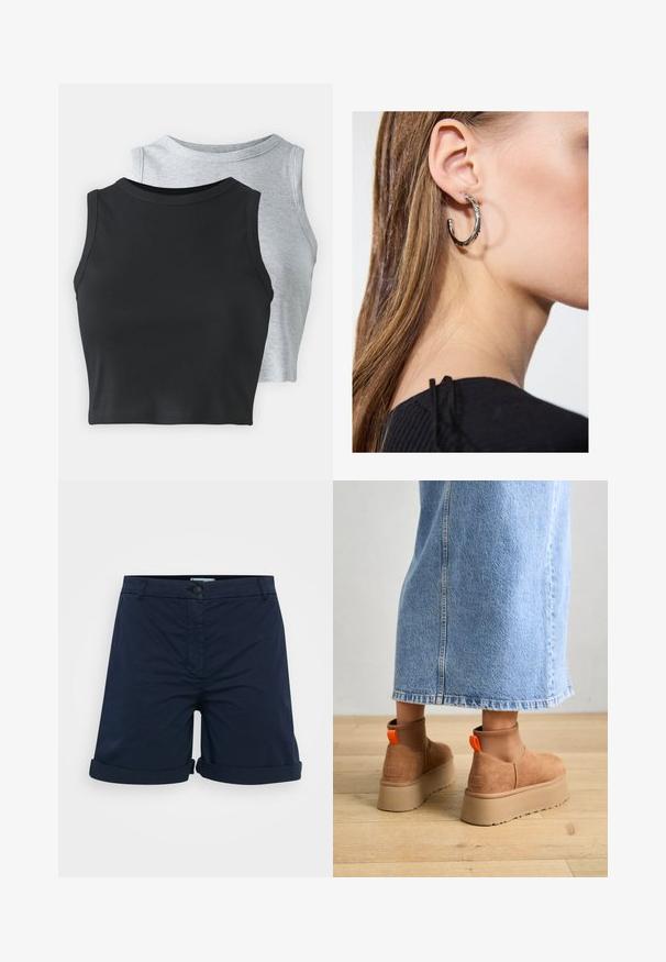 Even&Odd Petite 2 PACK - Top - light grey/black; Navy blue shorts made of cotton, featuring a rolled hem, button closure, and a flat front design with no visible patterns or accents.; Brown suede platform boots with elastic side panels and orange pull tabs, paired with a knee-length light denim skirt on a wooden floor.; Silver hoop earring with a polished finish, featuring small gold accent details and a round shape, worn on the lobe.