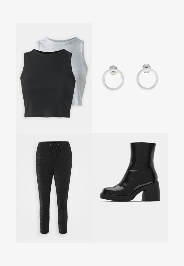 Even&Odd Petite 2 PACK - Top - light grey/black; Čierne nohavice s lesklou textúrou, majúce elastický pás so šnúrkou, dve predné vrecká a zúžené nohavice pre priliehavý vzhľad.; Čierne členkové topánky s lesklým povrchom, štvorcovou špičkou a širokým blokovým opätkom. Dizajn sa vyznačuje bezšvovou siluetou a minimálnym brandingom.; Strieborné kovové náušnice vo forme kruhov s brúsenou textúrou, so zaobleným dizajnom a priehľadným zarážkou pre bezpečné nosenie.