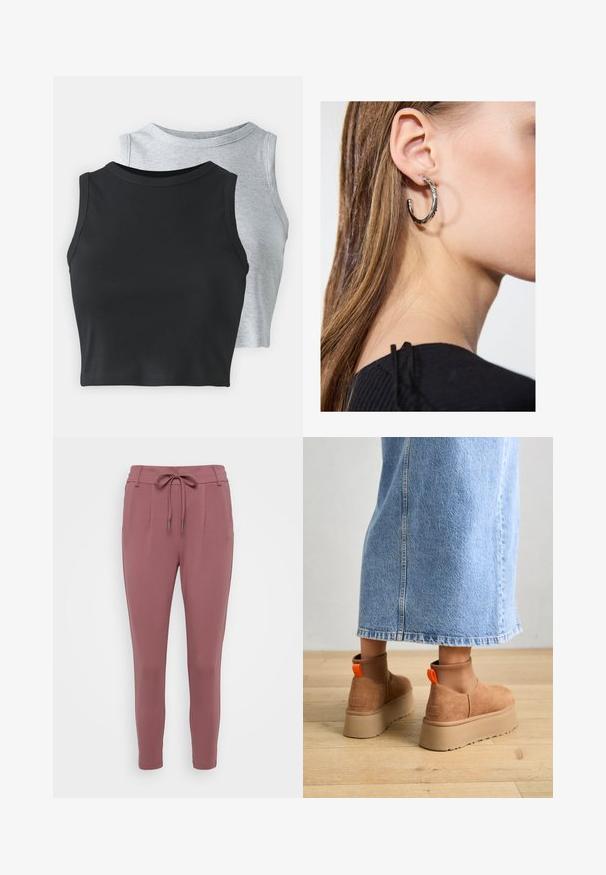 Even&Odd Petite 2 PACK - Topper - light grey/black; Rosa bukser med snor i livet, avsmalnende ben og frontfalter. Laget av et mykt, elastisk materiale.; Brune semska plattformstøvler med elastiske sidepaneler og orange rekkehalser, parret med en knelange lys denimskjørt på et tregulv.; Sølv ringøredob med en polert finish, med små gull detaljer og en rund form, båret på øreflippen.