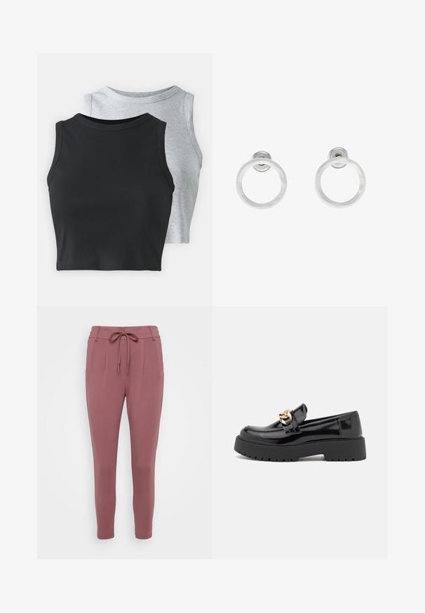 Even&Odd Petite 2 PACK - Tops - light grey/black; Rozā colorēti bikses ar regulējamām jostas saitēm, sašaurinātām kājām un priekšējām krokām. Izgatavotas no mīksta, elastīga materiāla.; Melni lakoti mokasīni ar masīvu melnu zoli un zelta aksesuāriem. Gluda tekstūra un noapaļota purngala dizains.; Sudraba metāla gredzenveida auskari ar matētu faktūru, ar apaļu dizainu un caurspīdīgu aizdari, lai nodrošinātu drošu valkāšanu.