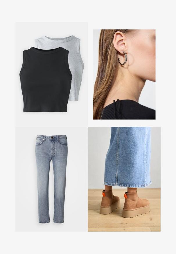 Even&Odd Petite 2 PACK - Topp - light grey/black; Heledad helesinine denim püksid, millel on lõdvestatud istuvus, sirged sääred ja peen hajumine. Omavad esist nööbiga sulgemist ja viit taskut utiliidi jaoks.; Pruunid nahatooted platvormikontsad elastsete külgpaneelidega ja oranžide tõmbetuttidega, koos puusani ulatuva heleda denim-seelikuga puidust põrandal.; Hõbedane rõngas kõrvarõngas poleeritud viimistlusega, millel on väikesed kuldsed aktsendid ja ümmargune kuju, kantud lobus.