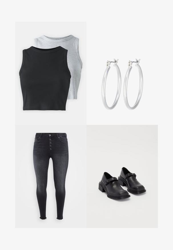 Even&Odd Petite 2 PACK - Top - light grey/black; Črne skinny jeans z visoko pasom, ki imajo sprednji gumb, izbledel izgled in raztrgan rob. Narejene iz jeansa.; Črne usnjene čevlje z zaobljenim nosom, ravnim podplatom in trakcem z zaponko. Debel blokasti petnik za dodatno stabilnost.; Srebrni obroči za ušesa z gladko, polirano površino. Okrogla oblika in varna zaponka s klikom. Lahka zasnova, primerna za vsakodnevno nošenje.