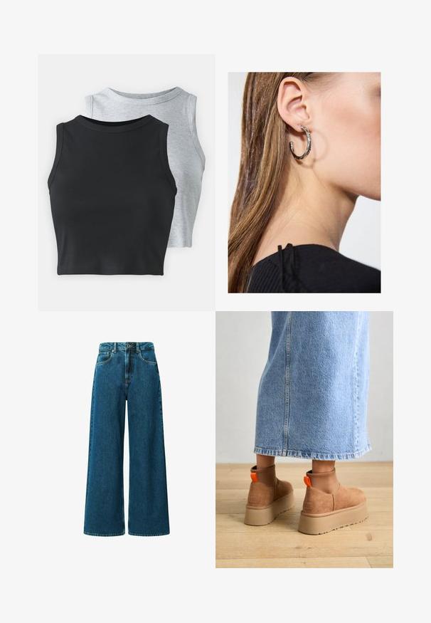 Even&Odd Petite 2 PACK - Toppi - light grey/black; Korkeavyötäröiset, leveälahkeiset farkut syvänsinisestä denimistä. Varustettu viidellä taskulla, vyölenkeillä ja näkyvillä saumoilla.; Ruske mokasine z platformo in elastiko na straneh ter oranžnimi zategovalnimi trakovi, v kombinaciji z osnovno dolžino svetle denim krila na lesenem podu.; Hopea renkaankorvakoru kiiltävällä pinnalla, jossa on pieniä kultaisia yksityiskohtia ja pyöreä muoto, käytetty korvalla.