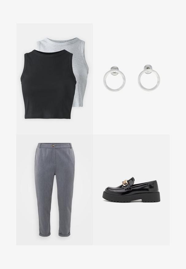 Even&Odd Petite 2 PACK - Top - light grey/black; Grijze op maat gemaakte broek met een gladde, geweven textuur, omslagmanchetten, zijzakken en een knoopsluiting bij de taille.; Zwarte patenten leren loafers met een chunky zwarte zool en gouden hardware details. Gladde textuur en afgeronde tekening.; Zilveren metalen ringoorbellen met een geborstelde textuur, met een ronde vorm en een transparante bevestiging voor een veilige draagwijze.