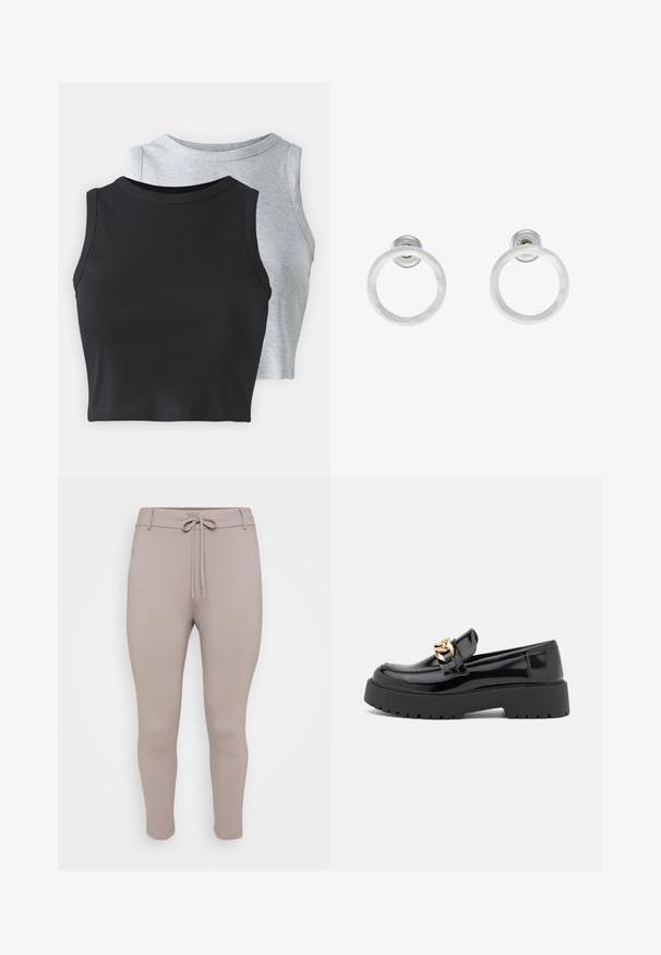 Even&Odd Petite 2 PACK - Top - light grey/black; Svijetložuti, uski boug-jeans sa strukom na vezanje i sužavajućim nogavicama, prikazani na neutralnoj pozadini.; Crne lakirane kožne mokasine sa debelim crnim potplatom i detaljima od zlata. Glatka tekstura i dizajn okruglog vrha.; Srebrne metalne naušnice u obliku prstena s brušenom teksturom, s kružnim dizajnom i prozirnom vrstom kopče za sigurno nošenje.