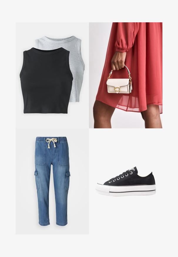 Even&Odd Petite 2 PACK - Topp - light grey/black; Heledad sinise värvi denim cargo püksid, millel on elastne vöökoht ja reguleeritav nöör. Omab kahte külgtaskut ning ühte cargo-taskut jalal.; Mustkunst sünnil varrega mustad keedekad, valge kummine tald, ümmargune ninaosa, madal disain, metallist silmadega ja tekstureeritud ninaosa. Peen must riba taldadel.; Valge nahast käekott, millel on ristkülikukujuline kuju, kuldne riistvara ja lühike ketikäepide, hoitakse käes ning sobib kokku punase kleidiga.