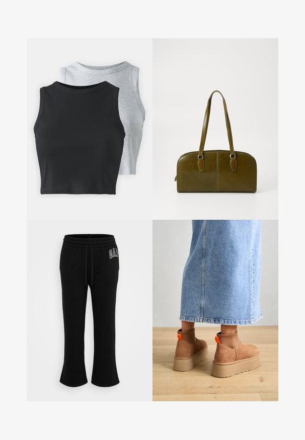 Even&Odd Petite 2 PACK - Top - light grey/black; Pantaloni jogger negri dintr-un material moale, cu un tiv elastic la brâu cu șnur de ajustare și manșete evazate, având broderia cu logo-ul "GAP" pe lateral.; Botine maro din suede cu platformă, cu panouri elastice pe laterale și mânere portocalii, asortate cu o fustă din denim deschis până la genunchi, pe un podea din lemn.; Geantă de mână din piele verde măslinie, cu o formă rotundă, mânere duale și față fără cusături. Are o textură netedă și detalii de cusătură subtile.; Cercel din argint cu un finisaj polișat, având detalii mici din aur și o formă rotundă, purtat pe lobul urechii.