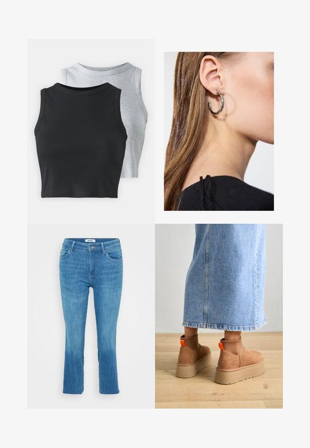 Even&Odd Petite 2 PACK - Top - light grey/black; Svijetloplave traperice s ravnim nogavicom, s kopčanjem na dugme, petljama za remen i četiri džepa. Tkanina ima glatku teksturu.; Rjave suede platform čizme z elastičnimi stranskimi paneli in oranžnimi zankami, v kombinaciji s svetlobno denim krilom do kolen na lesenem tleh.; Srebrna obročasta uhana s polirano površino, ki vključuje majhne zlate poudarke in okroglo obliko, nošena na ušesnem lobu.