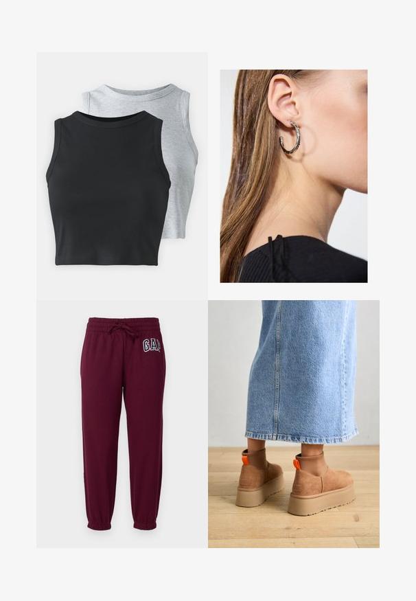 Even&Odd Petite 2 PACK - Top - light grey/black; GAP Petite HERITAGE - Træningsbukser - ruby wine; Brune ruskinds platform støvler med elastiske sidepaneler og orange trækstropper, parret med en knælang lys denimnederdel på et trægulv.; Sølv hoop ørestik med en poleret overflade, prydet med små guld accenter og en rund form, båret på øreflippen.