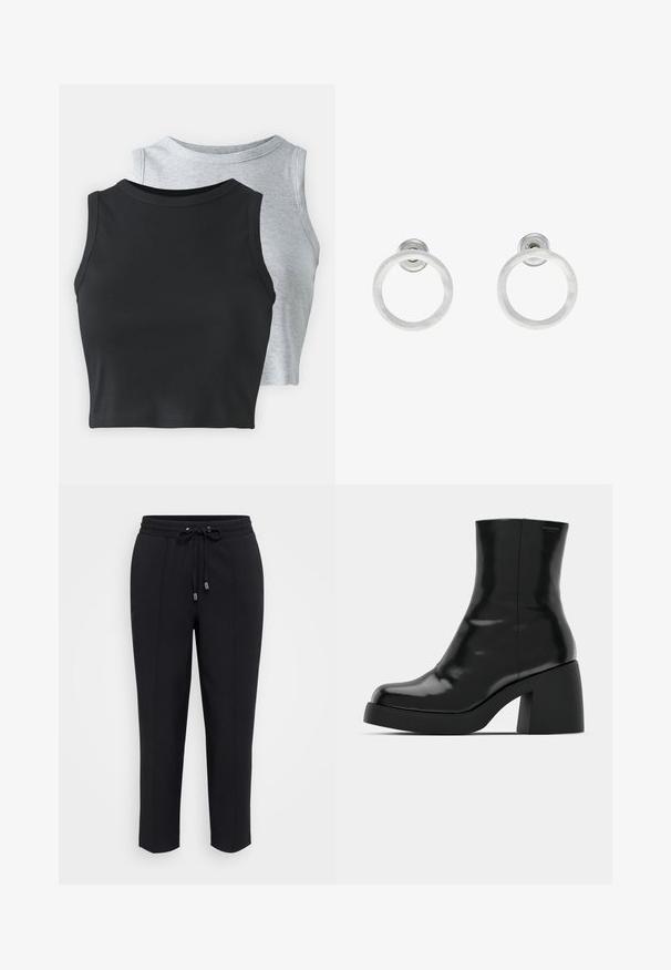 Even&Odd Petite 2 PACK - Top - light grey/black; Zwarte sweatpants met een tailleband met koord, taps toelopende pasvorm en twee zijnaadjes. Zacht, glad stof zonder zichtbare patronen of versieringen.; Zwarte enkellaarzen met een glanzende afwerking, vierkante neus en een dikke blokhak. Het ontwerp heeft een naadloze silhouet en minimale branding.; Zilveren metalen ringoorbellen met een geborstelde textuur, met een ronde vorm en een transparante bevestiging voor een veilige draagwijze.