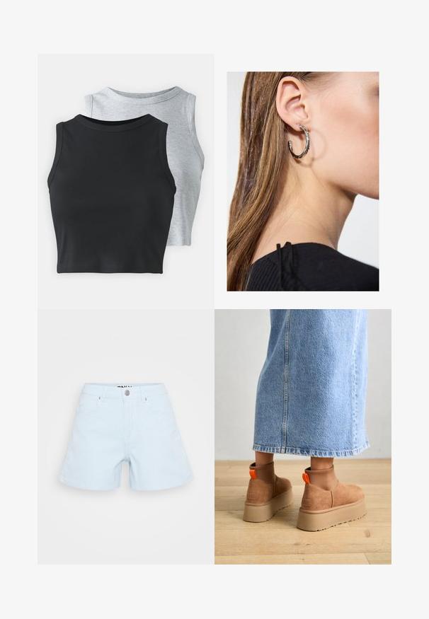 Even&Odd Petite 2 PACK - Top - light grey/black; Svijetloplave kratke hlače s prugama, izrađene od pamuka, s dizajnom od pet džepova, prednjim kopčanjem na dugme i regularnim krojem.; Rjave suede platform čizme z elastičnimi stranskimi paneli in oranžnimi zankami, v kombinaciji s svetlobno denim krilom do kolen na lesenem tleh.; Srebrna obročasta uhana s polirano površino, ki vključuje majhne zlate poudarke in okroglo obliko, nošena na ušesnem lobu.