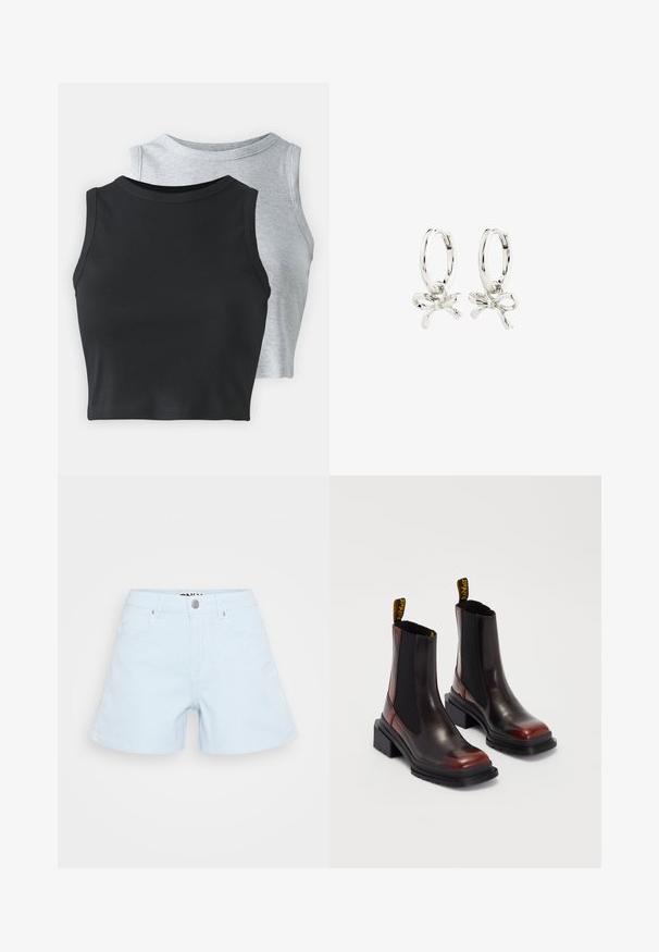 Even&Odd Petite 2 PACK - Top - light grey/black; Svetlomodré pásikavé kraťasy vyrobené z bavlny, so dizajnom na päť vreciek, predným zapínaním na gombík a klasickým strihom.; Dr. Martens MAYBOLE CHELSEA - Členkové čižmy na platforme - black/cherry red; Strieborné kruhové náušnice so vzorom mašle, s hladkým povrchom a leštenou textúrou. Kompaktne, minimalistický štýl vhodný na rôzne príležitosti.