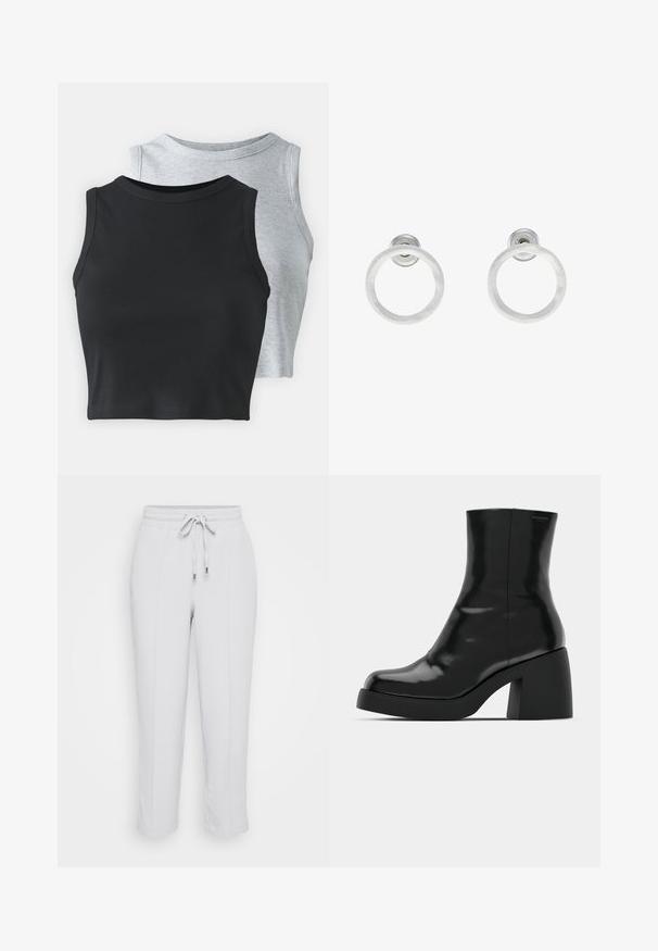 Even&Odd Petite 2 PACK - Top - light grey/black; Pantalones de cintura elástica en gris claro con cordón ajustable, que cuentan con dos bolsillos laterales y un diseño de pierna cónica. Textura de tela suave.; Botas de tobillo negras con un acabado brillante, punta cuadrada y un tacón grueso en bloque. El diseño presenta una silueta sin costuras y un minimalismo en la marca.; Pendientes de aro de metal plateado con una textura cepillada, que presentan un diseño circular y un respaldo transparente para un uso seguro.