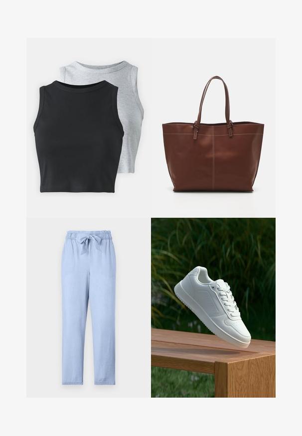 Even&Odd Petite 2 PACK - Viršus - light grey/black; Šviesiai mėlyni kelnės, pagamintos iš minkštos medžiagos, su elastine juosta, raišteliu ir laisvu siluetu. Tiesios kojos be papildomų dekoracijų.; Balti sneakeriai su lygia sintetine viršutine dalimi, perforuota pirštų zona, plokščiomis raištelėmis ir tekstūruotu padu, padėti ant medinės paviršiaus.; Ruda odinės rankinės su dviem rankenomis, pasižymi kontrastingomis siūlėmis ir erdviu dizainu, tinkama kasdieniam naudojimui.