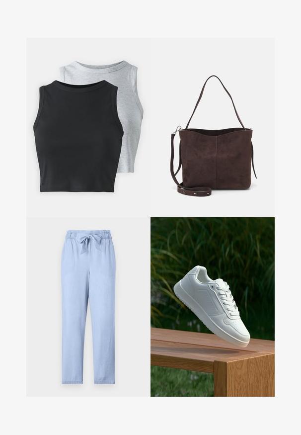 Even&Odd Petite 2 PACK - Felső - light grey/black; Világoskék, puha anyagból készült nadrág, rugalmas derékkal, megkötő részlettel és laza fit-nesszel. Egyenes lábak, díszítés nélkül.; Fehér sportcipő sima szintetikus felsőrésszel, perforált lábujjrész, lapos fűzőkkel és texturált talppal, fából készült felületen kihelyezve.; Barna velúrbőr táska puha tapintással, egyetlen vállpánttal és finoman ívelt felső nyitással. Nincs látható fémrész.