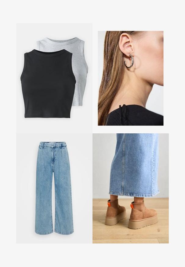 Even&Odd Petite 2 PACK - Top - light grey/black; Svetlo modri jeans širokih nogavic z visokim pasom, ki vsebujejo naborke, gladko teksturo in obdelane robove.; Rjave suede platform čizme z elastičnimi stranskimi paneli in oranžnimi zankami, v kombinaciji s svetlobno denim krilom do kolen na lesenem tleh.; Srebrna obročasta uhana s polirano površino, ki vključuje majhne zlate poudarke in okroglo obliko, nošena na ušesnem lobu.