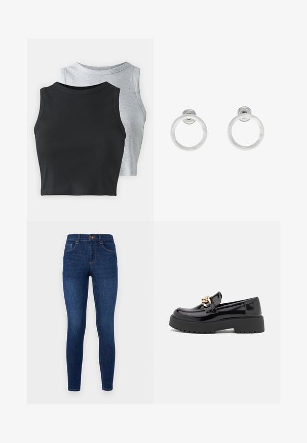 Even&Odd Petite 2 PACK - Tops - light grey/black; Tumši zila džinsu auduma skinny bikses ar augstu jostu, klasisku piecu kabatu dizainu, smalkām kontrastējošām šuvēm un metāla pogas aizdari.; Melni lakoti mokasīni ar masīvu melnu zoli un zelta aksesuāriem. Gluda tekstūra un noapaļota purngala dizains.; Sudraba metāla gredzenveida auskari ar matētu faktūru, ar apaļu dizainu un caurspīdīgu aizdari, lai nodrošinātu drošu valkāšanu.