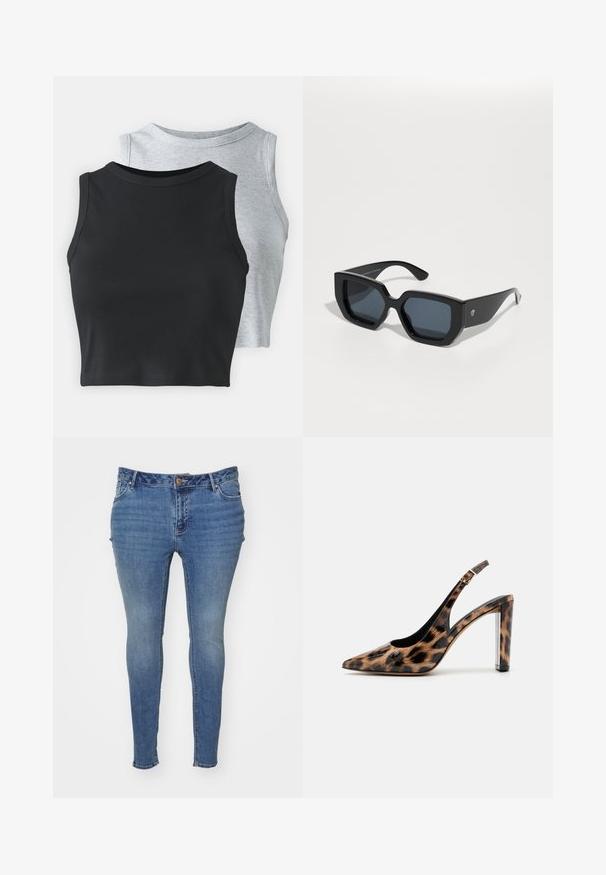 Even&Odd Petite 2 PACK - Top - light grey/black; Skinny blue jeans made of denim with a faded finish. Features a five-pocket design and a button closure at the waist.; Leopard print slingback pump with a pointed toe and transparent block heel. Made of glossy material with a smooth texture.; Black oversized sunglasses with a geometric design, rectangular lenses, and glossy finish. No visible branding on the front.; Silver hoop earrings with a smooth, polished finish. Round shape and secure click-top closure. Lightweight design suitable for everyday wear.