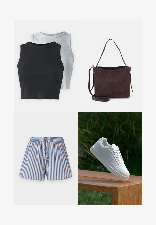 Even&Odd Petite 2 PACK - Top - light grey/black; Calções riscas em bege e azul, com uma cintura elástica e cordão ajustável, feitos de um tecido leve.; Sapatilha branca com um cabedal sintético liso, caixa dos dedos perfurada, atacadores planos e uma sola texturizada, exposta sobre uma superfície de madeira.; Saco tote em camurça castanha com uma textura suave, apresentando uma única alça de ombro e uma abertura superior levemente curvada. Sem detalhes de hardware visíveis.