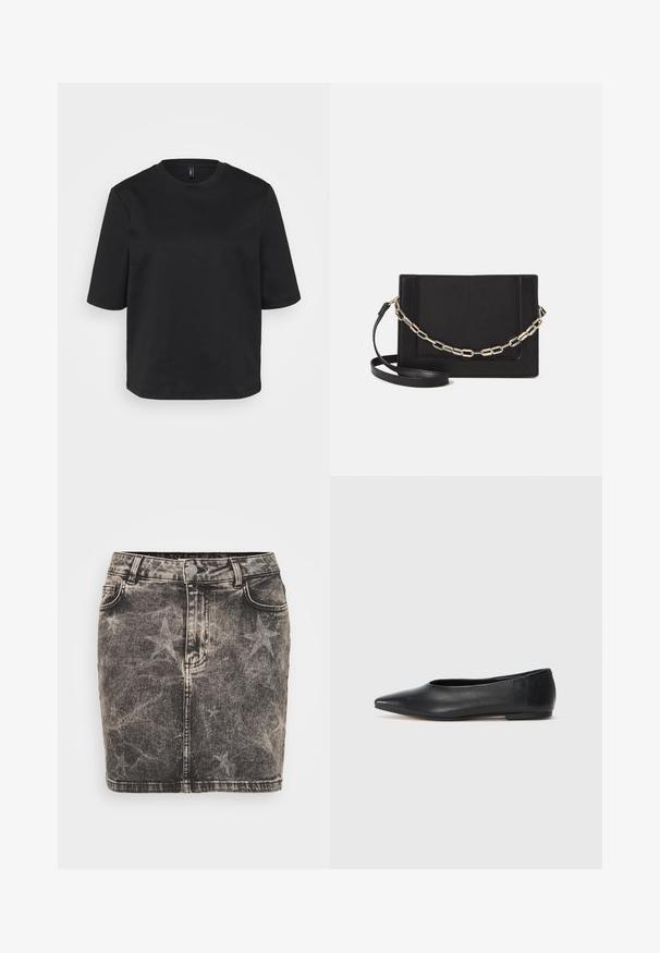 Melnā apģērbojamo crew-neck T-kreklā, izgatavotā no kokvilnas, ir īsas piedurknes un brīvs piegriezums. Gluda tekstūra bez redzamām rakstām vai akcentiem.; Melna džinsu mini svārki ar izbalējušu zvaigžņu rakstu. Iezīmē augsto jostasvietu, piecus kabatas un kontrastējošu dūrienu. Klasiska pogu aizdare.; Melna ādas baleta kurpe, ar norādītu purngalu, minimālisma dizains, gluda tekstūra, zema papēža augstums, bez redzamiem aksesuāriem vai rotājumiem.; Melna ādas crossbody soma ar gludu faktūru, taisnstūrveida formu un metalizētu ķēdes detaļu priekšā. Iekļauta regulējama siksna.