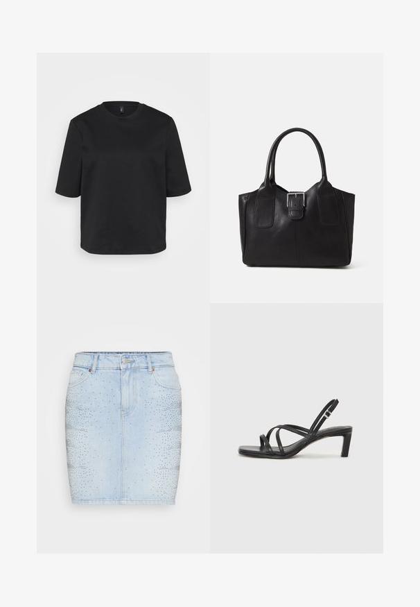 T-shirt preta de gola redonda, feita de algodão, com mangas curtas e um corte descontraído. Textura suave sem padrões ou detalhes visíveis.; Saia de ganga azul clara com um design ajustado, cintura média e adornada com tachas prateadas em padrão degradé de um lado.; Sandal de tiras pretas com biqueira quadrada e um pequeno salto bloco. Apresenta várias tiras finas e uma tira no tornozelo ajustável. Feito de couro liso.;  Bolsa tote de couro preta com textura suave, forma estruturada, duas alças e um destaque prateado proeminente na parte da frente.