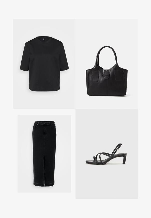 Fekete környakú pamut póló, rövid ujjal és laza fazonnal. Simaszövet, látható minták vagy díszítések nélkül.; Fekete farmer szoknya egyenes fazonnal, elülső hasítékkal, rojtos szegéllyel és klasszikus öt zsebbel. Szokásos övlyukak a deréknál.; Fekete pántos szandál négyzetes orral és alacsony blokk sarkal. Több vékony pánttal és állítható boka pánttal rendelkezik. Sima bőrből készült.; Fekete bőr bevásárlótáska sima textúrával, strukturált formával, két fogantyúval és egy figyelemfelkeltő ezüst csattal az elején.