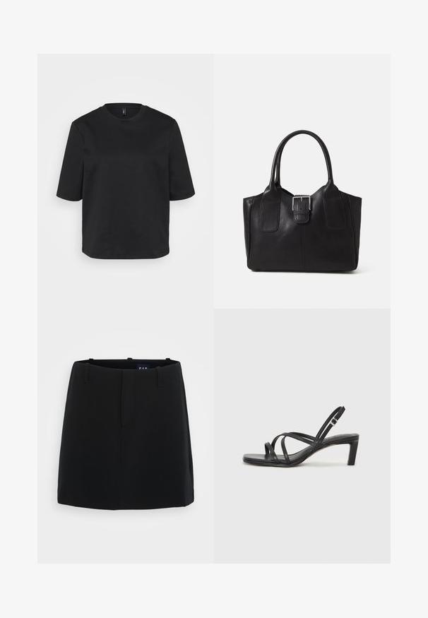 Juoda apvalios iškirptės marškinėliai pagaminti iš medvilnės, su trumpomis rankovėmis ir laisvu siluetu. Lygus tekstūra, be matomų raštų ar akcentų.; Juoda sijonas su lygia audinio tekstūra, minimalistišku dizainu, dviem priekinėmis kišenėmis ir vidutinio ilgio iki šlaunų. Yra kilpos diržui juosmens srityje.; Juodi šlepetės su kvadratiniu pirštu ir žemu bloku kulnu. Yra keli ploni dirželiai ir reguliuojamas kulkšnies diržas. Pagaminti iš lygios odos.; Juodas odinis nešiojamas krepšys su lygiu paviršiumi, struktūrine forma, dviem rankenėlėmis ir ryškiu sidabriniu sagties akcentu priekyje.