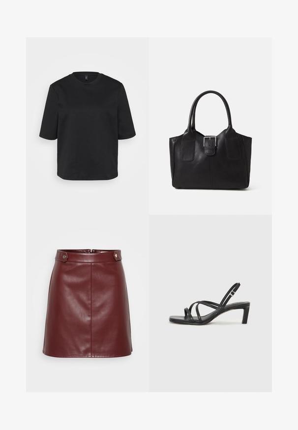 Svart t-skjorte med rund hals laget av bomull, med korte ermer og avslappet passform. Glatt tekstur uten synlige mønstre eller detaljer.; Burgunderfarget faux lær mini skjørt med strukturert livlinje, frontglidelås og metall snap-detaljer, med en glatt, blank tekstur.; Sorte sandaler med stropper, firkantet tå og lav blokk hæl. Har flere tynne stropper og en justerbar ankelstropp. Laget av glatt lær.; Svart skinn toteveske med jevn tekstur, strukturert form, to håndtak og en fremtredende sølvspenne foran.