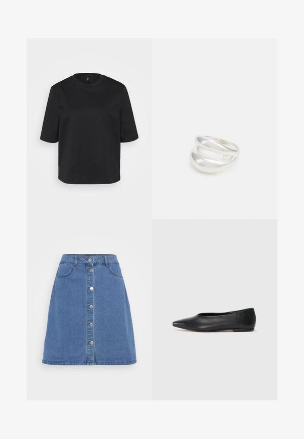 Must t-särk, millel on ümmargune kaelus, valmistatud puuvillast, lühikeste varrukatega ja lõdva lõikega. Sile tekstuur, ilma nähtavate mustrite või aktsendita.; Helesin A-line seelik helesinis, millel on esine nupulaht, kaks taskut ja toorikutega serv. Klassikaline viie tasku disain.; Musthave mustris balletkingad, terav nina, minimaliseeritud disain, sile pind, madal konts, ilma nähtava riistvara või kaunistusteta.; Hõbedane kahekordne rõngas sujuva, poleeritud pinnaga. Omab voolavat, kõverat disaini, millel on kattuvad sektsioonid, et saavutada kaasaegne ilme.