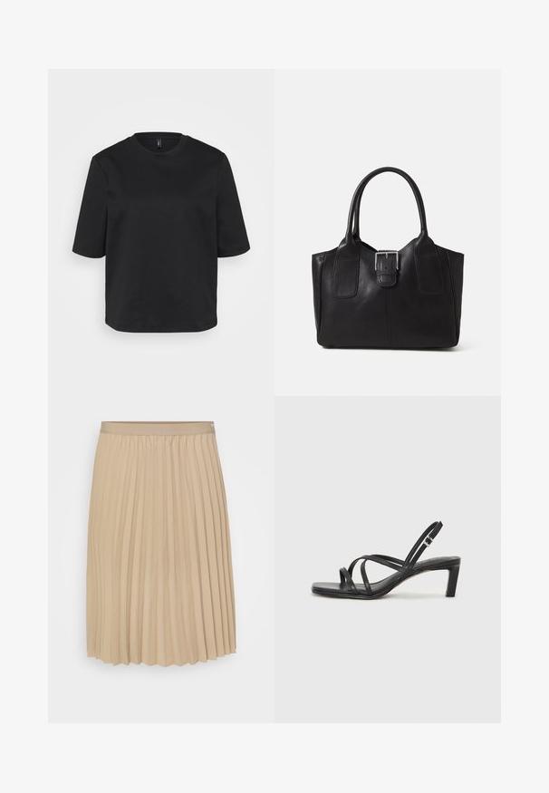 Črno majico s kratkimi rokavi iz bombaža z okrožnim ovratnikom, ki ima sproščen kroj. Gladka tekstura brez vidnih vzorcev ali akcentov.; Bež plisirana krila s ravnim pasom. Tkanina je gladka, z vertikalnimi pregibi in robom z valovitimi robovi. Eleganten in preprost dizajn.; Črne natikače s trakovi in kvadratnim prstom ter nizkim blokastim peto. Imajo več tankih trakov in nastavljiv trak okoli gležnja. Narejene so iz gladkega usnja.; Črna usnjena torba s gladko teksturo, strukturirano obliko, dvema ročkama in izrazitim srebrnim sponko na sprednji strani.
