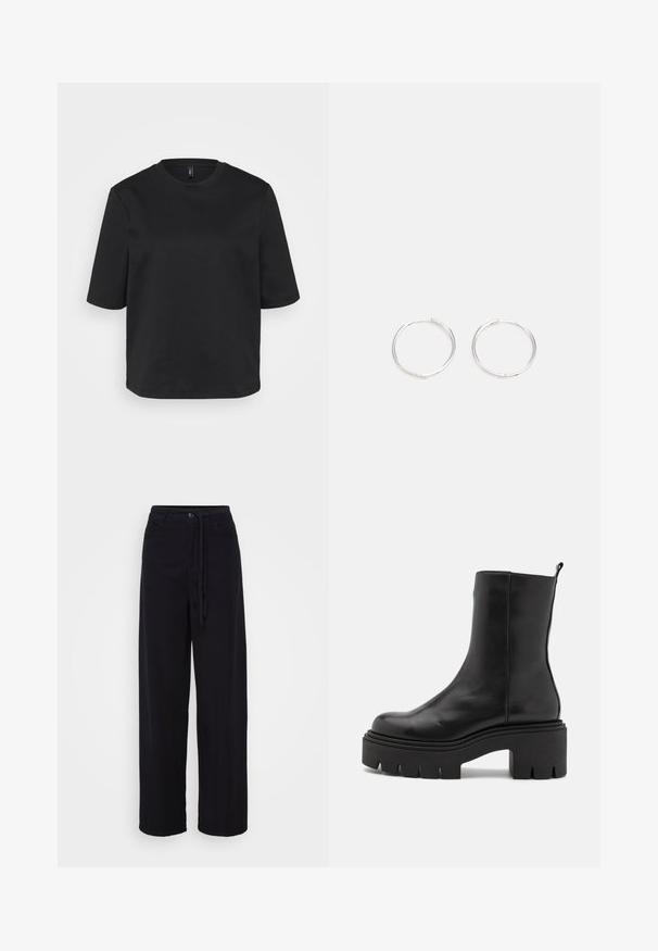 Tricou negru cu gât rotund, din bumbac, cu mâneci scurte și o croială lejeră. Textură netedă, fără modele sau accente vizibile.; Pantaloni negri cu picioare largi, cu talie ajustabilă prin șnur, închidere cu nasture și două buzunare laterale. Fabricat dintr-un material ușor, cu o textură netedă.; Bocanci negri din piele pentru gleznă cu un toc masiv, având un exterior neted și o buclă în partea din spate pentru a fi ușor de purtat.; Cercei din argint cu un design elegant și rotund, având o suprafață netedă și fără embellismente vizibile. Diametrul nu este specificat.