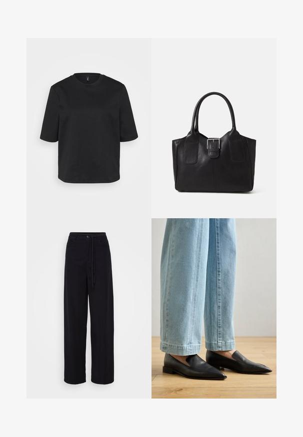 Fekete környakú pamut póló, rövid ujjal és laza fazonnal. Simaszövet, látható minták vagy díszítések nélkül.; Fekete, bő szárú nadrág húzózsinórral a derékrészen, gombos záródással és két oldalsó zsebbel. Könnyű anyagból készült, sima felülettel.; Fekete bőr cipők hegyes orral és slip-on kialakítással, világoskék, bő szárú farmernadrággal párosítva, egy fából készült padlón.; Fekete bőr bevásárlótáska sima textúrával, strukturált formával, két fogantyúval és egy figyelemfelkeltő ezüst csattal az elején.